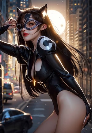 asian girl, sexy smile, batman catwoman by the - girl - who - is - a - catwoman, cat girl, catgirlmarin kitagawa fanart, portrait of a female anime hero, anime woman fullbody art, ((looking at the camera)), Background Gotham City,Batman Catwoman in a black suit stands in the middle of the city, Extremely detailed Artgerm, Catwoman, Catwoman, Style Artgerm, wojtek fus, IG model | Art germ,（realisticlying）,（hentail realism）,（tmasterpiece：1.2）,（best qualtiy）,（Hyper-detailing）,（8K,4K,）,（full body shot shot：1,（Detailed face）,largeeyes,beautiful goddess woman,putting makeup on,s the perfect face,Perfect lighting,1girl,DC Super Hero Movie,Catwoman in Batman,neko girl,brunette color hair,（Catwoman Selina Kyle）,long dark brown detailed hair, perfect hands,（Hands stretch out sharp claws）,Death glow,Serious smile look,Hand with long claws outstretched,The whole body is wrapped in a vinyl,tight leather clothes,Sexy set,（Openwork onesies）,high-heels,Thin waist and thick hips,long leges,medium boob,（Glowing skin）,Glowing skin,The wind blows to the top,White aura of power,light brown pupills,Gravel background,Broken ground,Full moon in downtown Gotham,（finelydetailedskin：1.3）,cinematric light,edge lit,超高分辨率,Best shadow,delicated,Stroll through the high-rise buildings of Gotham