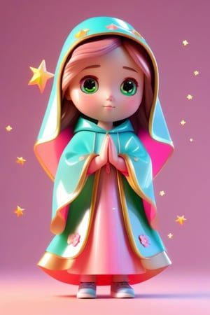 Virgen de Guadalupe, chibi girl,  hands together in prayer,  ((brown eyes, skintone and hair)),  long green heavy hooded tunic from head to feet with embedded little golden shiny stars, pink robe with pink embroidery floral texture, golden star multiple points of flares behind her, Detailed plastic material, best quality, (very detailed model), (best quality), octane rendering, ray tracing, very detailed, 3D toy, exaggerated giant hair, little art(full body ) (3D hair,  ((kids)), beautiful eyes, cute big eyes, cute face, pastel colors gradient, chibi, chib, fluorescent translucent, colorful, plastic, children, transparent, product design, glowing materials, light from behind, delicate cute plastic, aesthetic light and shadow 3d, digital art, translucent plastic bubblegum, close-up, 3d, super detailed, generate front view, side view, rear view triple view, borderless, c4d, Octane rendering, Blender, HD, full body, smile, t-shirt design,  glossy, caustic reflections 