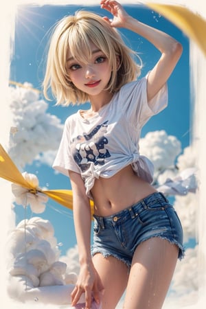 young beautiful girl with blonde hair and blue eyes in a white shirt, naked legs, soft skin, shorts jeans fabric, air blowing clothes and hair, glossy lips, seductive smile, perfect hands, wet white shirt see through, haircut boe, short blonde hair, full body portrait of a short!, splash, high quality, photo of a cute girl, cute girl, clean detailed anime art, cloud_scape, sunny day, magic stars effects in camera lens, add_detail:0.4, a photo portrait of zzenny_n, zzenny_n-15:0.9, outdoor, sunny day