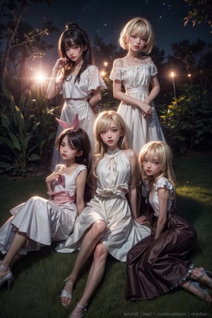 4 young one brown one pink one dark and one blond girl, laying in the grass, young girls,  nighttime!!, seductive lips, bokeh,white dresses, zzenny_n, add_detail, perfect body, slim waist, soft skin, slim, perfect eyes, particle dust in ray lights, short hair, blush, sigh, backlighting, lens flare, super detail, milky way sky in dark forest, background