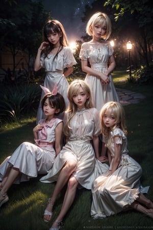 4 young one brown one pink one dark and one blond girl, laying in the grass, young girls,  nighttime!!, seductive lips, bokeh,white dresses, zzenny_n, add_detail, perfect body, slim waist, soft skin, slim, perfect eyes, particle dust in ray lights, short hair, blush, sigh, backlighting, lens flare, super detail, milky way sky in dark forest, background