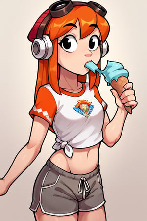 2D, score_9, score_8_up, score_7_up, BREAK, 1girl, solo, VacationMeggy, Orange Hair, Black Eyes, White Shirt, Orange Sleeves, Croptop, Shorts, headphones, red beanie, goggles, ice cream,