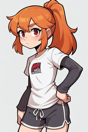 2D, score_9, score_8_up, score_7_up, BREAK, 1girl, solo, NormalMeggy, Orange Hair, Red Eyes, White Shirt, Grey Sleeves, Shorts, ponytail,