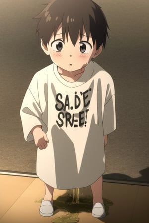 Pee, 1girl, solo, white shirt, AGE REGRESSION, child, oversized clothes, pee,oversized_clothes,CHILD, clothes on floor, pee stain