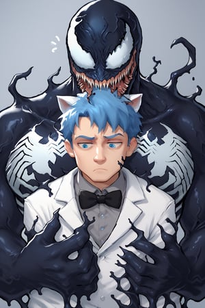 Chibfurri, score_9, score_8_up, score_7_up, BREAK, 1boy, blue hair, blue eyes, white cat ears, cat ears, white coat, grey shirt, black bow tie, venom_assimilation,  absorption, merging, corruption, bored,chibfurri, black slime (substance), venom,