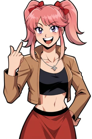 2D, score_9, score_8_up, score_7_up, BREAK, retro anime, kawaii, 1girl, Saiko Bichitaru, Pink Hair, Purple Eyes, pigtails, red ribbons,brown jacket, black shirt, crop top, red skirt, necklace, middle finger, happy