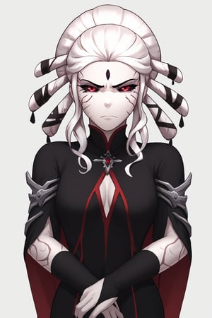 score_9, score_8_up, score_7_up,BREAK, 1girl, solo, Salem_RWBY, Red eyes, black sclera, facial mark, white hair, black dress, unamused look