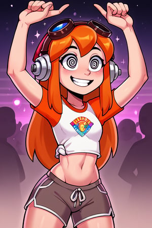 2D, score_9, score_8_up, score_7_up, BREAK, 1girl, solo, VacationMeggy, Orange Hair, Black Eyes, White Shirt, Orange Sleeves, Croptop, Shorts, headphones, red beanie, goggles, disco, dancing, hypnosis, spiral eyes,