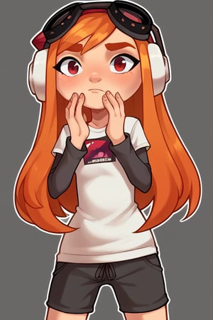 2D, score_9, score_8_up, score_7_up, BREAK, 1girl, solo, NormalMeggy, Orange Hair, Red Eyes, White Shirt, Grey Sleeves, Shorts, headphones, red beanie, goggles,