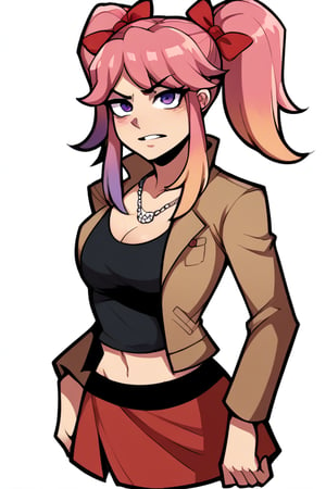 2D, score_9, score_8_up, score_7_up, BREAK, sketch, 1girl, Saiko Bichitaru, Pink Hair, Purple Eyes, pigtails, red ribbons,brown jacket, black croptop, red skirt, skull necklace, 