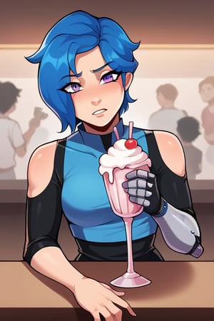 Anime, score_9, score_8_up, score_7_up,BREAK, 1girl, Tari, TAScorp Outfit, Mechanical Arm, Blue Hair, Purple Eyes, milkshake