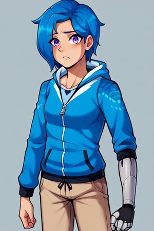 Anime, score_9, score_8_up, score_7_up,BREAK, 1girl, Tari, Blue Hoodie, tan pants, Mechanical Arm, Blue Hair, Purple Eyes,