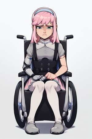 2D, score_9, score_8_up, score_7_up, BREAK, 1girl, solo, EvelynClaythorne, Pink Hair, Green Eyes, mechanical arm, headband, grey shirt, black overalls, suspenders, skirt, white socks, grey shoes,wheelchair,sitting, blue lights, sad