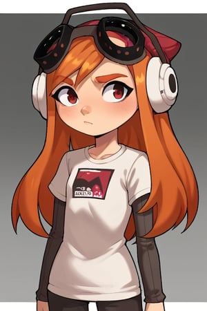 2D, score_9, score_8_up, score_7_up, BREAK, anime, 1girl, Meggy, Orange Hair, Red Eyes, White Shirt, Grey Sleeves, Shorts, headphones, red beanie, goggles, upper body,