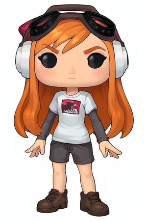 2D, score_9, score_8_up, score_7_up, BREAK, Funko, Chibi, 1girl,NormalMeggy, Orange hair, Black eyes, White Shirt, Grey Sleeves, Shorts, headphones, red beanie, goggles