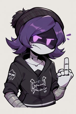 2D, score_9, score_8_up, score_7_up, BREAK, 1girl,solo, Uzi, Purple Hair, Purple Eyes, Robot, Visor, black hoodie,beanie, middle finger,