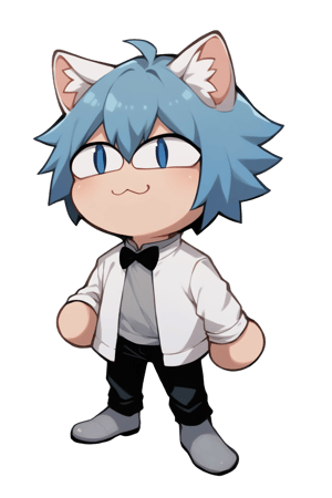 2D, score_9, score_8_up, score_7_up, BREAK,  slit pupils, white cat ears, chibi, :3, 1boy, solo, blue hair, blue eyes, white cat ears, white jacket, grey shirt, black bowtie, black pants, grey shoes, slit pupils, cat ears, chibi, :3, no tail