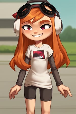 2D, score_9, score_8_up, score_7_up, BREAK, 1girl, Meggy, Orange Hair, Red Eyes, White Shirt, Grey Sleeves, Shorts, headphones, red beanie, goggles, smug