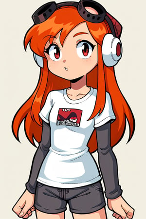 2D, score_9, score_8_up, score_7_up, BREAK, retro anime, 1girl, solo, NormalMeggy, Orange Hair, Red Eyes, White Shirt, Grey Sleeves, Shorts, headphones, red beanie, goggles,