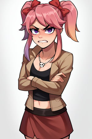 2D, score_9, score_8_up, score_7_up, BREAK, 1girl, Saiko Bichitaru, Pink Hair, Purple Eyes, pigtails, red ribbons,brown jacket, black croptop, red skirt, skull necklace, arms crossed,