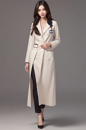 (best quality, masterpiece, ultra quality), cute girl, long straight dark hair with golden highlights, straight hair, surgeon clothes, doctor clothes, tall, dark tan skin, professional-looking, visible forehead, doctor white coat, cute smile, professional doctor, black heels, name tag, wearing black pants, beautiful figure, wide hips, detailed face, detailed eyes, look at the camera, perfect lighting, UHD, line art, background detailed, intricate details, highly detailed, dynamic light, ink painting, outline, intricate line drawings, dark background, simple_background