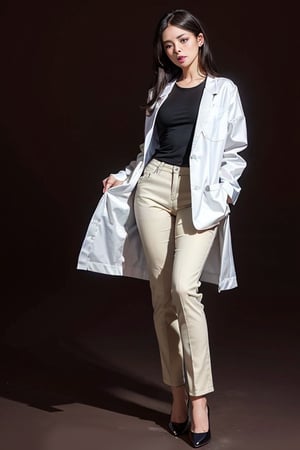 (best quality, masterpiece, ultra quality), cute girl, long straight dark hair, straight hair, surgeon clothes, smart suits, tall, professional-looking, visible forehead, doctor white coat, cute smile, professional looking, black heels, wearing pants, beautiful figure, wide hips, detailed face, detailed eyes, look at the camera, perfect lighting, UHD, line art, intricate details, highly detailed, dynamic light, ink painting, outline, intricate line drawings, dark background, simple_background,asian girl, shoes, shirt, full body,high_school_girl, left hand point to left hand side, introducing products,Detailed face, big eyes, blank background, a 20 yo woman,long hair,dark theme, soothing tones, muted colors, high contrast, (natural skin texture, hyperrealism, soft light, sharp),red background,simple background, full shoes,