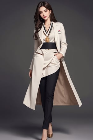 (best quality, masterpiece, ultra quality), cute girl, long straight dark hair with golden highlights, straight hair, surgeon clothes, doctor clothes, tall, dark tan skin, professional-looking, visible forehead, doctor white coat, cute smile, professional doctor, black heels, name tag, wearing black pants, beautiful figure, wide hips, detailed face, detailed eyes, look at the camera, perfect lighting, UHD, line art, background detailed, intricate details, highly detailed, dynamic light, ink painting, outline, intricate line drawings, dark background