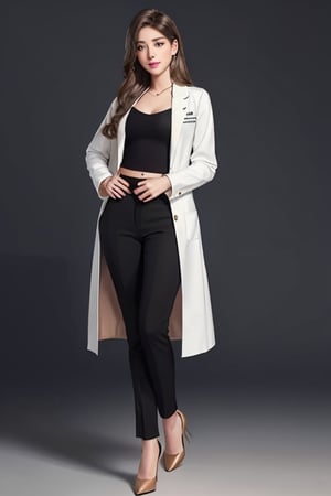 (best quality, masterpiece, ultra quality), cute girl, long straight dark hair with golden highlights, straight hair, surgeon clothes, smart suits, tall, dark tan skin, professional-looking, visible forehead, doctor white coat, cute smile, professional doctor, black heels, name tag, wearing black pants, beautiful figure, wide hips, detailed face, detailed eyes, look at the camera, perfect lighting, UHD, line art, background detailed, intricate details, highly detailed, dynamic light, ink painting, outline, intricate line drawings, dark background, simple_background,asian girl, shoes, shirt, full body,high_school_girl ,mix4, left hand point to left hand side