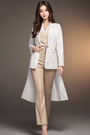 (best quality, masterpiece, ultra quality), cute girl, long straight dark hair with golden highlights, straight hair, surgeon clothes, doctor clothes, tall, dark tan skin, professional-looking, visible forehead, doctor white coat, cute smile, professional doctor, black heels, name tag, wearing black pants, beautiful figure, wide hips, detailed face, detailed eyes, look at the camera, perfect lighting, UHD, line art, background detailed, intricate details, highly detailed, dynamic light, ink painting, outline, intricate line drawings