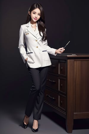 (best quality, masterpiece, ultra quality), cute girl, long straight dark hair, straight hair, surgeon clothes, smart suits, tall, professional-looking, visible forehead, doctor white coat, cute smile, professional looking, black heels, wearing pants, beautiful figure, wide hips, detailed face, detailed eyes, look at the camera, perfect lighting, UHD, line art, intricate details, highly detailed, dynamic light, ink painting, outline, intricate line drawings, dark background, simple_background,asian girl, shoes, shirt, full body,high_school_girl, introducing products,Detailed face, big eyes, blank background, holding a pen, smile, cheerful,little_cute_girl