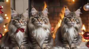 Main Coon Cats, christmas decorations, fireplace