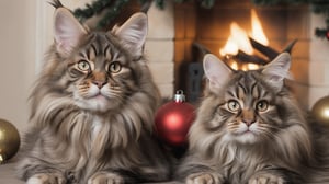 Main Coon Cats, christmas decorations, fireplace