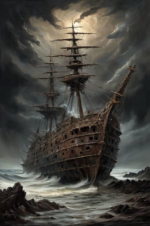 surreal painting featuring a massive ghost ship, its hull decayed and weather-beaten, stranded on a dark, rocky coastline, a stormy sky looms overhead, casting the scene in an ominous light, the rough texture of the dry brush style adds to the weather-beaten, forsaken nature of the ship and its desolate surroundings, , dark, gothic, fantastical, symbolic, disturbing, intricate, highly detailed, moody lighting, complex textures, organic forms intertwined with mechanical elements