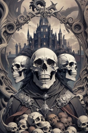 Skulls and castle in the background with a black and white image, arte escura altamente detalhada, arte detalhada da capa, adorned with demon skulls, skull design for a rock band, arte de terror 4k detalhada, arte macabra, Dan Mumford e Alex Grey Estilo, arte detalhada assustadora em cores, fantasy skull, Old - Arte de fantasia sombria da escola, sacred skulls, sinistro altamente detalhado