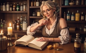 1girl, alchemist, alcohol, apple, bald, bar (place), bare shoulders, bartender, basket, beard, black hair, blonde hair, blue eyes, blurry, blurry background, book, bookshelf, bottle, braid, breasts, brown eyes, brown hair, brown vest, candle, candlelight, chair, cleavage, closed eyes, closed mouth, coat, collared shirt, cup, dark, depth of field, dress, earrings, facial hair, fire, food, from side, fruit, glasses, green eyes, grey hair, hat, head tilt, holding, hood, indoors, jar, jewelry, lamp, light bulb, lips, long hair, long sleeves, looking at viewer, looking down, male focus, manly, medium breasts, mustache, necklace, old, old man, old woman, pendant, piercing, plant, ponytail, pouring, profile, realistic, ring, robe, round eyewear, shirt, short hair, sitting, sleeves rolled up, smile, smoke, solo, spoon, sunlight, table, twin braids, upper body, vest, watermark, wavy hair, web address, white hair, white shirt, window, wrinkled skin, writing, zipper Minimalist drawing Sober simple pastel drawing with simple background,sks woman