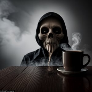 In a dark and foreboding room, a single cup of coffee sits on a wooden table. The coffee is steaming, and the steam rises into the air forming the shape of a ghostly face. The ghost face is pale and expressionless, with empty eyes and a gaping mouth. It stares directly at the camera, its gaze filled with malice. The image is unsettling and disturbing, as if we are being watched by a malevolent presence.