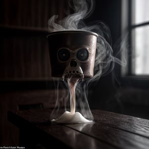 In a dark and foreboding room, a single cup of coffee sits on a wooden table. The coffee is steaming, and the steam rises into the air, forming the shape of a ghostly face. The face is pale and expressionless, with empty eyes and a gaping mouth. It stares directly at the camera, its gaze filled with malice. The image is unsettling and disturbing, as if we are being watched by a malevolent presence.