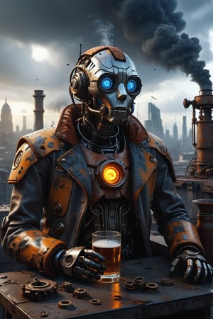 strange London gentleman style cyberrobot drinking a glass of oil, body made up of jagged pieces, pieces of different geometric shapes, digital screen blue eyes, facial structure of small parts assembled with wheels, valves and pulleys,without clothes, just a insane detailed jacket,impressive futuristic engineering, body elements rusty and with some rust, hyper-realistic material texture, sitting on a rooftop ,sad,srious, apocalyptic background, smoke,luminiscense neon orange red and yelow, gray clouds crossed by faint solar rays, small particles of dust floating in the environment spirally, cyberpunk style, hat mechanical,hyperrealism, reality pushed to the extreme, fine minute details and high graphic quality, masterpiece, 8k, cinematic, dramatic, enveloping, realistic tones, gloomy and sad atmosphere,trending on artstation, 35mm photograph, film, bokeh, professional, highly detailed
