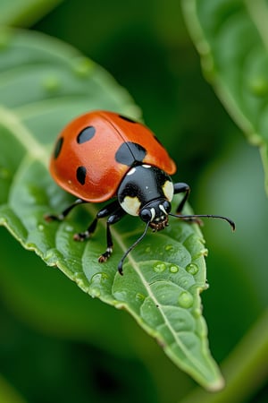 A stunning aerial shot of a Green Legume Pod Bug perched on a legume leaf, in crisp detail in 4K,RAW. The camera zooms in with precision, revealing the intricate light reflections dancing across the dew-covered surface and magnifying the details of the ladybug's body. Every anatomical feature is meticulously captured, from the ladybug's tiny wings to its vibrant red shell. The softly blurred background allows the subject to take center stage, while Thomas Shahan's professional photography style gives the image a sense of realism and wonder.