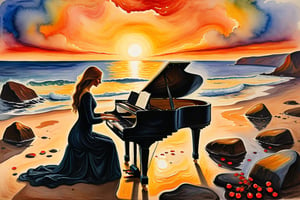 A cute  woman silhouette playing a piano on the seashore, work in water tempera, beautiful piano, silhouette with sad and painful movements, sea with detailed foam, cherry leaves falling with the wind, vivid colors, rocks, sunset clouds, perfect painted,sunset, large details, fine and precise brushstrokes, professional work, masterpiece, dramatic, divine,impressionism style,vibrant, beautiful, painterly, detailed, textural, artistic,perfect anatomy detailed,watercolor style
,style of Edvard Munch
