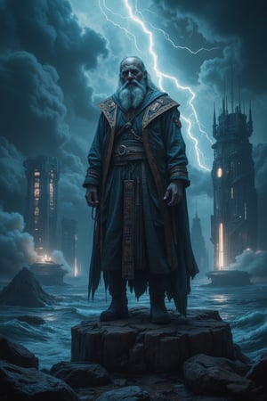 An atmospheric, dimly lit painting depicts a venerable figure on a rock, levitating amidst swirling clouds and stormy skies lit by lightning over a turbulent ocean. A soft bioluminescence emanates from floating islands, casting an ethereal glow over the serene, robed old man’s face, his wise, time-scarred visage. Intricate brushstrokes dance across his robes, adorned with glowing runes and modern technological enhancements and bright neon lights. Mythical creatures such as dragons and phoenixes mingle with futuristic drones amid cultural references inspired by Norse folklore, captivating us with their heightened realism. The mystical aura is accentuated by dramatic, cinematic lighting, reminiscent of Caravaggio’s chiaroscuro, as the protagonist’s meditative posture seems lost in contemplation, merging into one with the landscape, a sharp, insanely detailed masterpiece.