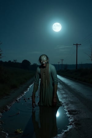 A moonlit night envelops the desolate rural landscape, where an old road meanders through the darkness. A strange, pale, ghostly creature emerges from a puddle, its face disfigured and twisted in agony. Its terrifying eyes glow like lanterns in the darkness as it emits a bloodcurdling howl that echoes through the open air. The moon casts elongated shadows, accentuating the grotesque figure's unnatural pose amidst the crumbling asphalt and overgrown vegetation.