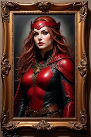 Portrait of Scarlet Witch of comic made in oil in the 15th century in a ((Renaissance gold  wood frame very detailed)),hanging on the wall of a Renaissance room, impeccable strokes,Character's characteristic clothing, realism, real colors in a matte tone, highlighted eye contour, dramatic,semi-lateral position,centered image, light reflected on the face with shades of dark shadows, hyper realistic paint texture,masterpiece, period painting with great realism, impressive details of the suit, very defined and curious, Gothic style, extremely high-resolution details, photographic, realism pushed to extreme, fine texture, incredibly lifelike,background with tone that highlights the image,by Stan Lee style,trending on artstation