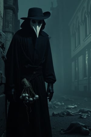 A plague doctor's macabre silhouette emerges from the fog-shrouded night, near 14th century Italy's Gothic church. The bird-shaped mask, an ivory-hued marvel of realism, casts an otherworldly glow on the dark, tattered clothing and leather gloves. A bunch of garlic hangs ominously, as wide-brimmed hat and hunched posture evoke foreboding. Corpses strewn about the ground testify to death's reign. Close-up: The plague doctor's masked face, illuminated by flickering light, seems a portal to mystique and terror, as darkness seeps into every crevice, inviting the viewer to surrender to the macabre beauty of this eerie scene.