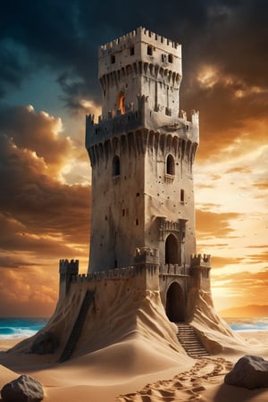 A beautiful arcane tower made entirely of sand marble and ebony with stunning realism slotting in color cloud, very realistic sand texture particles, some tiny medieval soldiers in the tower, on the coast, centered image, impressive architectural details, sunset, light reflected on the castle creating beautiful contrasts of shadows and lights, hyperrealistic style, soft beige particle environment, masterpiece, high quality, some brown and ornage contrast,soft vegetation,sharp in focus, slightly out of focus background, extremely high-resolution details, photographic, realism pushed to extreme, fine texture, incredibly lifelike

