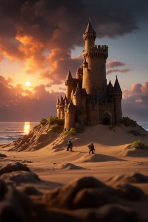 A beautiful arcane castle made entirely of sand marble and ebony with stunning realism floating in color cloud, very realistic sand texture particles, some tiny medieval soldiers in the tower, on the coast, centered image, impressive architectural details, sunset, light reflected on the castle creating beautiful contrasts of shadows and lights, hyperrealistic style, soft beige particle environment, masterpiece, high quality, some brown and ornage contrast,soft vegetation,sharp in focus, slightly out of focus background, extremely high-resolution details, photographic, realism pushed to extreme, fine texture, incredibly lifelike

