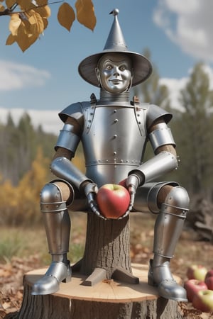 tin lumberjack ((from the Wizard of Oz)) sitting on a tree stump, made entirely of aluminum fused with tin, his entire body is metal,rivets, simple face,completely metal tin face made it,some rust,simple style body, unclothed,retro old model,an ax at his feet, holding an apple in his hand,cylindrical trunk, funnel-shaped hat, looking at the apple, extremely high-resolution details, photographic, realism pushed to extreme, fine texture, incredibly lifelike,dark eyes, happy, perfect anatomical assembly ,impressive minute details,metalic blurred fine surrounding particles,masterpiece,8k,cinematic,realism taken to the extreme,like real life,sharp focus,artstation trend,hyperrealistic style,HDR,volumetric