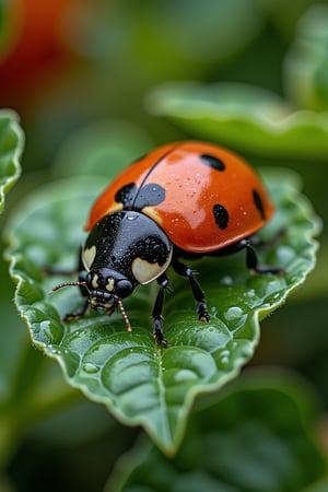 A stunning aerial shot of a red and black ladybug perched on a tomato leaf, in crisp detail in 4K,RAW. The camera zooms in with precision, revealing the intricate light reflections dancing across the dew-covered surface and magnifying the details of the ladybug's body. Every anatomical feature is meticulously captured, from the ladybug's tiny wings to its vibrant red shell. The softly blurred background allows the subject to take center stage, while Thomas Shahan's professional photography style gives the image a sense of realism and wonder.