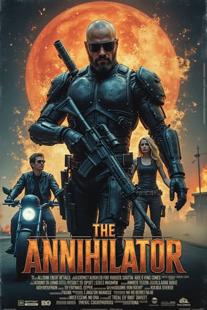 A futuristic promotional poster for The Annihilator, a large cyborg man wearing dark glasses and tight clothing carrying an assault rifle, behind him a teenager riding a motorcycle and further back the silhouette of a beautiful blonde woman, all converge, centralizing the image full of nuances and great details, in metallic letters the title emerges while the details of the film dance in the scene, providing a masterful professional edition in an 80s style, futuristic, magnificent, impressive.