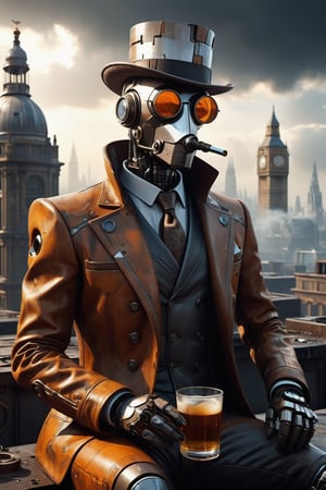 strange London gentleman style cyberrobot drinking a glass of oil, body made up of jagged pieces, pieces of different geometric shapes, without clothes, just a jacket,impressive futuristic engineering, has a monocle, body elements rusty and with some rust, hyper-realistic material texture, sitting on a rooftop , apocalyptic background, smoke,luminiscense neon orange, gray clouds crossed by faint solar rays, small particles of dust floating in the environment spirally, cyberpunk style, hat mechanical,hyperrealism, reality pushed to the extreme, fine minute details and high graphic quality, masterpiece, 8k, cinematic, dramatic, enveloping, realistic tones, gloomy and sad atmosphere,trending on artstation
